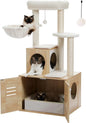 H127CM Modern Cat Tree with Condo Included Cat Litter Box Solid Wood Enclosure Furniture with Large Hammock Top Spacious Perch