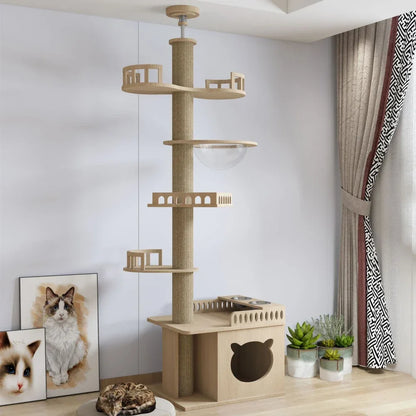 Cats Tree Floor Solid Wooden Pets Furniture Climbing Multifunction Kitten Trees Tower Adjustable Multilayer Cat Climbing Frame