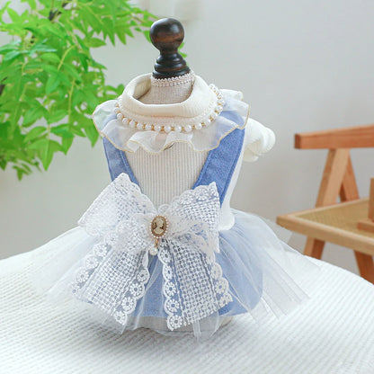 1PC Pet Apparel Dog Spring and Autumn Blue Bow Pendant Lace Princess Dress With Drawstring Buckle For Small Medium Dogs