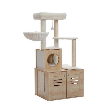 H127CM Modern Cat Tree with Condo Included Cat Litter Box Solid Wood Enclosure Furniture with Large Hammock Top Spacious Perch