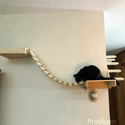 Wall Mounted Wooden Cat House Furniture Scratcher Shelves Climbing Ladder Perch Cat Bridge and Jumping Platform for Kitten Play